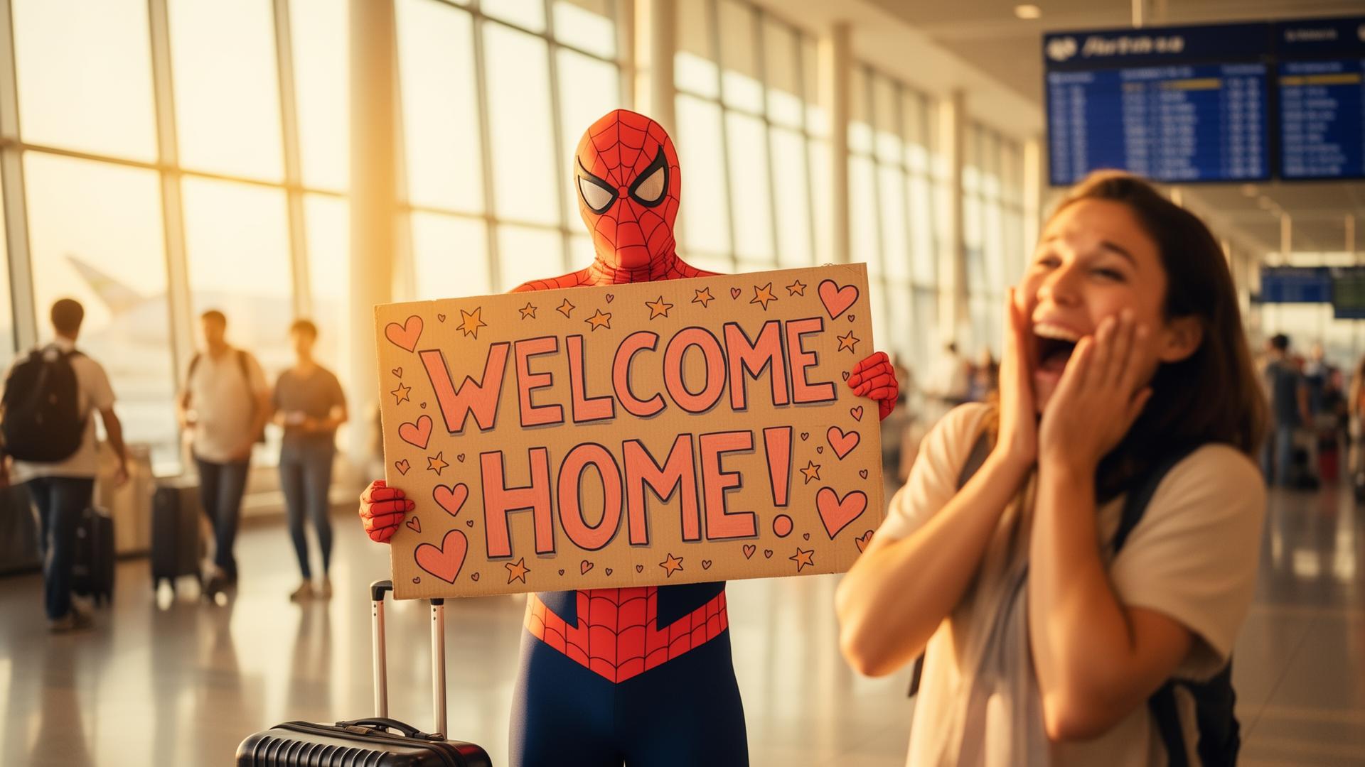 Spider-Man greeter holding a Welcome Home sign at an airport